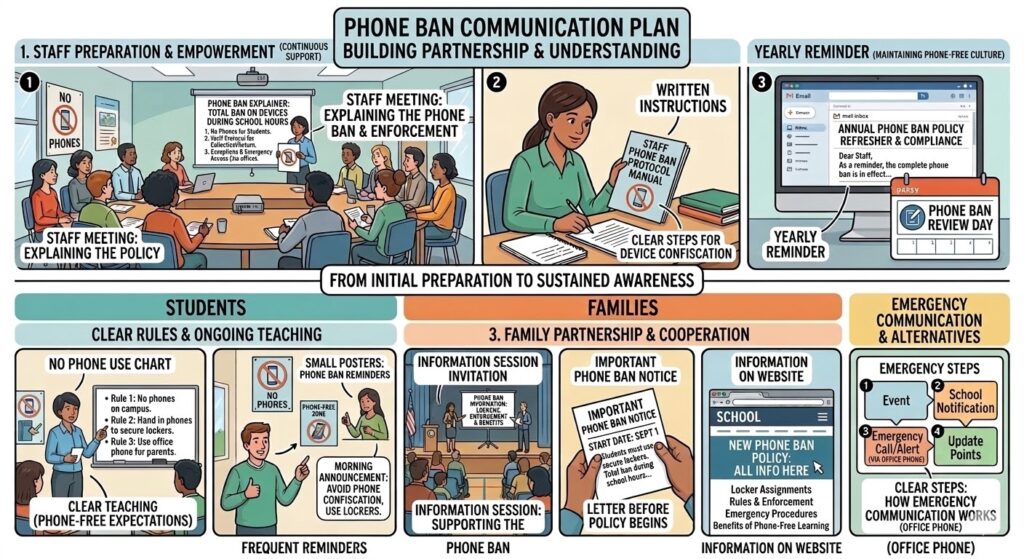 This graphic shows how a phone ban policy might be effectively communicated to staff, students and families.