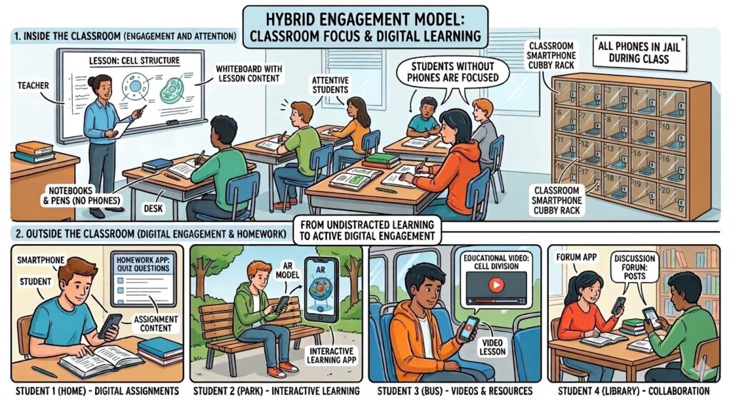 This image shows the banning of phones during class time, but the use of them to engage with class material when students are not at school.