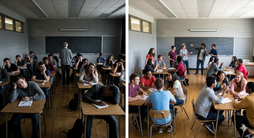 Image 1 (The Boring Lesson): This scene depicts an oppressive mood with dim, yellow lighting and students slumping in rigid rows, visibly bored and disengaged during a lecture.

Image 2 (The Engaging Lesson): The same classroom is transformed into a bright, dynamic space with natural light. The same students are now energetic and smiling, collaborating in groups and acting out scenarios for an active learning activity.